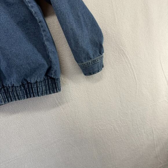 Vintage Navy Denim Bomber Jacket Mens Large Blue Cropped Boxy Elastic Collar 90s - Picture 8 of 9